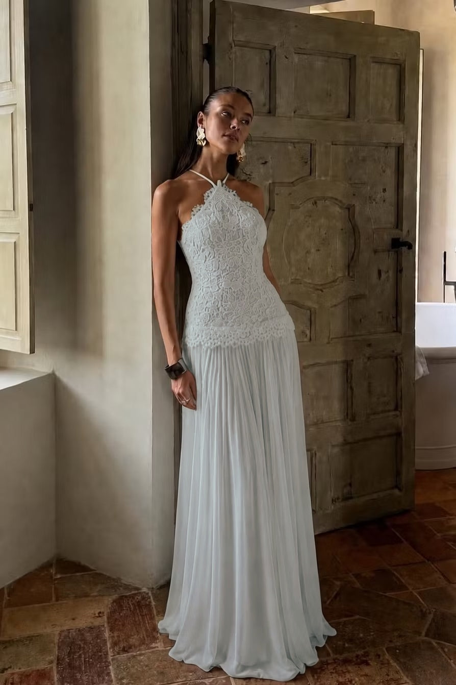 Cocoslly Halter Sleeveless High Waist Long Prom Dress With Appliques | White Chiffon YC0560
