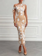 Pink Embroidery Bow Lace One Shoulder Sleeveless Sheath Maxi Dress