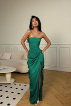 Cocoslly Strapless Sleeveless High Waist Long Prom Dress With Split And Pleated | Ice Blue Satin YC0566