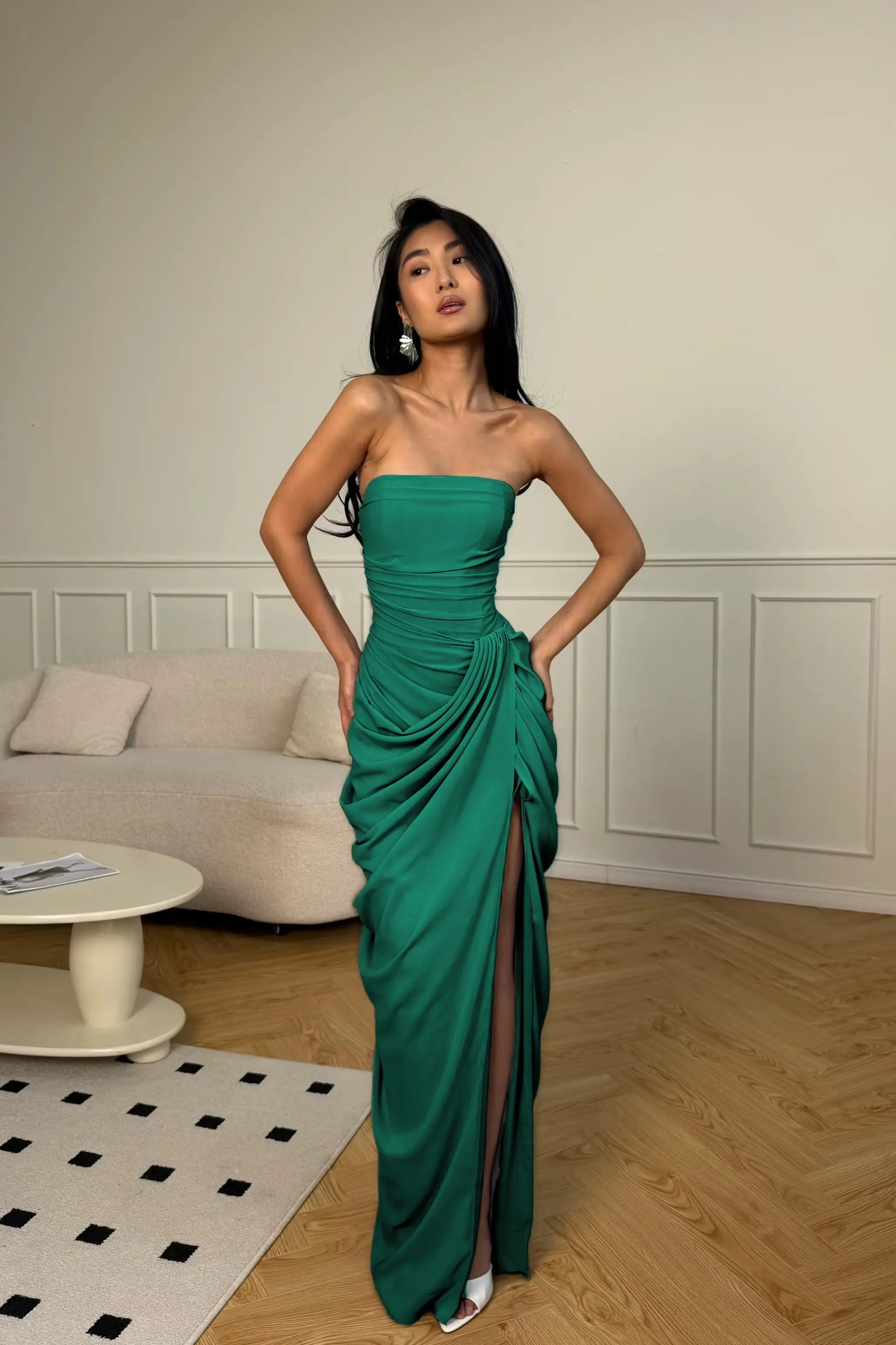 Cocoslly Strapless Sleeveless High Waist Long Prom Dress With Split And Pleated | Ice Blue Satin YC0566