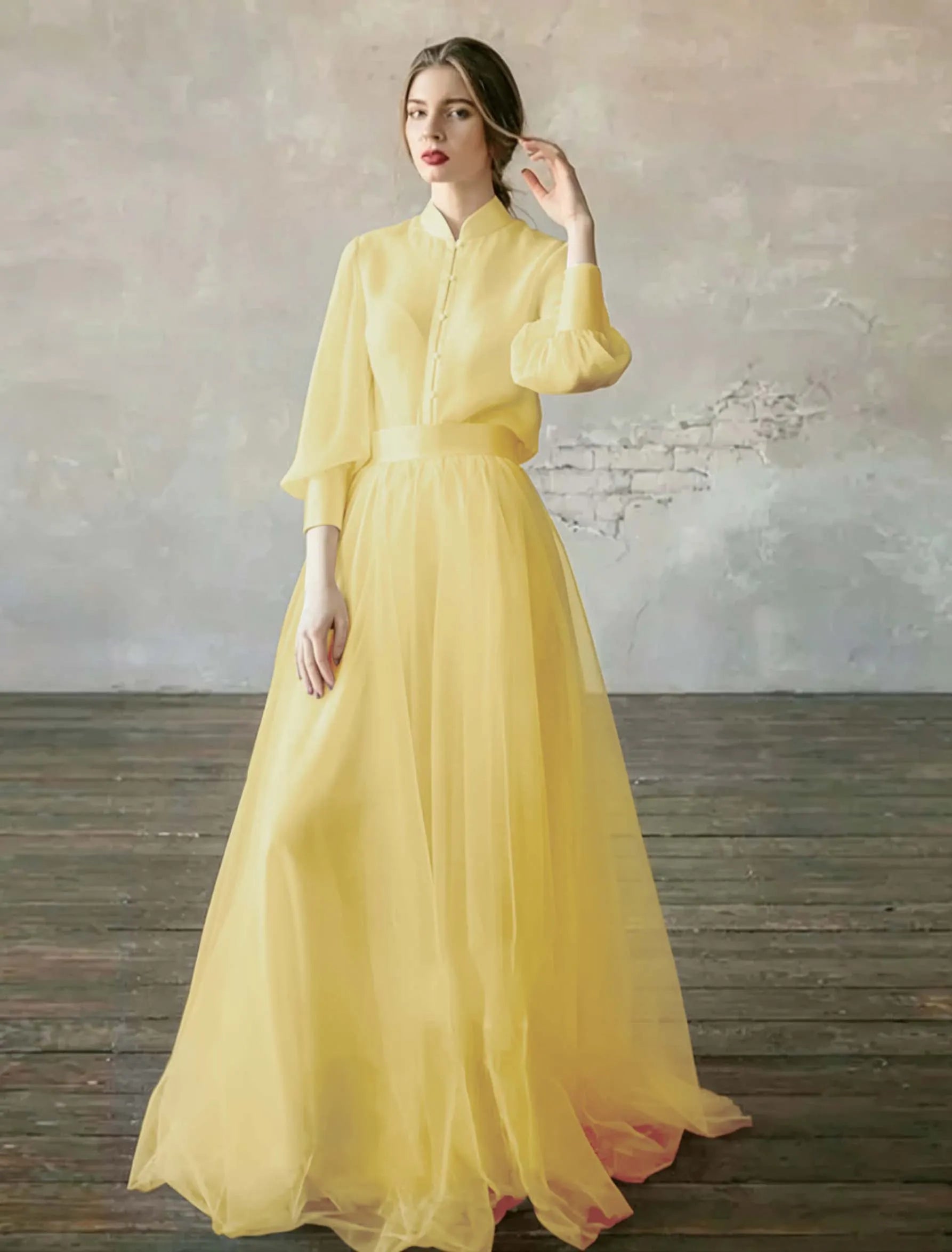 Cocoslly High Neck Long Sleeves High Waist Long Prom Dress | Blushing Pink Tulle LR0409