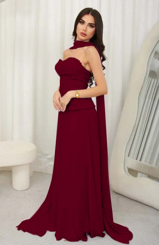 Cocoslly Strapless Sleeveless High Waist Long Prom Dress With Rhinstone And Scarf | Lilac Chiffon JZ0099