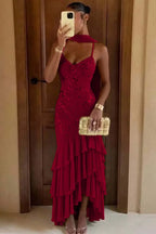 Cocoslly Spaghetti Straps Sleeveless High Waist Long Prom Dress With Ruffles And Sequins | Sage Chiffon LR0491