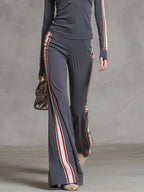 Elegant Retro Sporty Gray Cotton Fabric Lapel Front Zipper Top And Pant Set