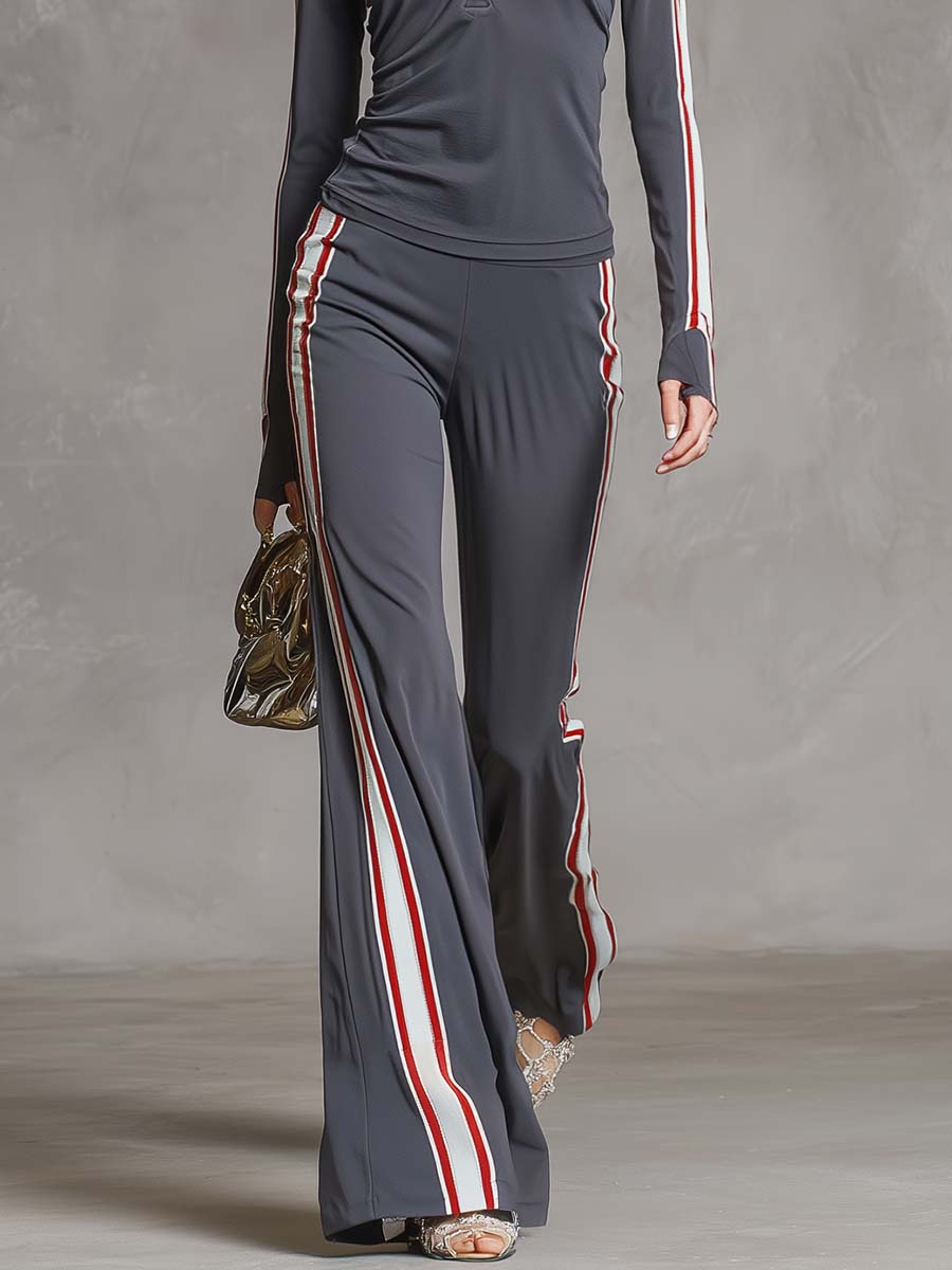 Elegant Retro Sporty Gray Cotton Fabric Lapel Front Zipper Top And Pant Set