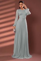 Chiffon Jewel Neck Long Sleeves Long Prom Dress With Pleated WQ0258