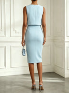 Women Blue 3D Floral Crew Neck Sleeveless Elegant Top With Skirt Two-Piece Set