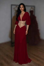 Cocoslly V-Neck Long Sleeves High Waist Long Prom Dress With Rhinstone | White Chiffon LR0373