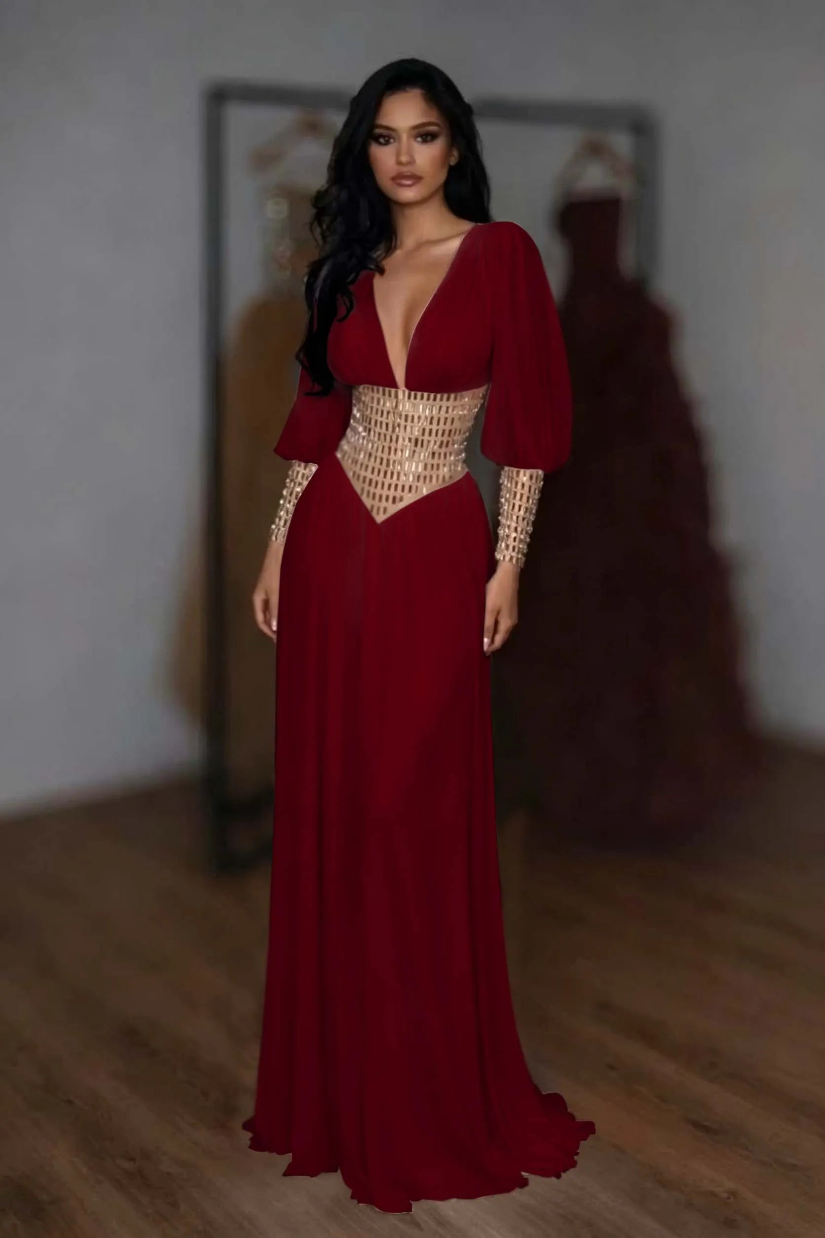 Cocoslly V-Neck Long Sleeves High Waist Long Prom Dress With Rhinstone | White Chiffon LR0373