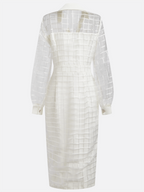 White Organza Shirt Dress Shirt Collar Long Sleeve Balloon Sleeve Sheath Midi Dress