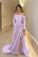 Off the Shoulder Long Sleeves Long Split Prom Dress With Pleated WQ0009