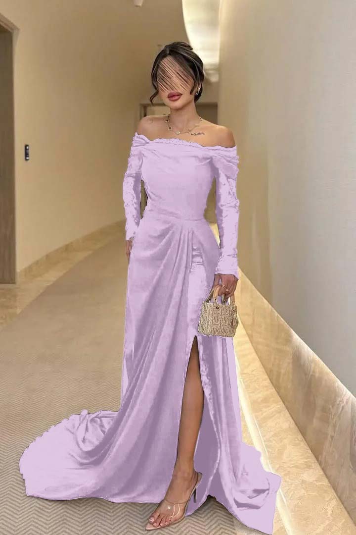 Off the Shoulder Long Sleeves Long Split Prom Dress With Pleated WQ0009