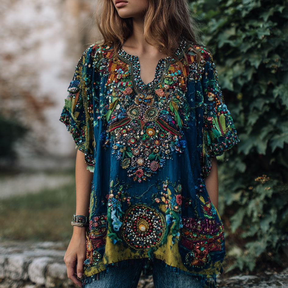Women's Bohemian-style Nepal Art V-neck Shirt