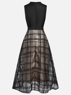 Black Organza Plaid Classic Mock Neck Sleeveless A-Line Midi Dress