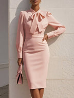 Off White Bow Classic Crew Neck Long Sleeve Sheath Midi Dress