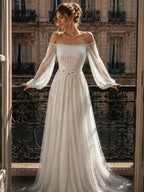Cocoslly Off-The-Shoulder Long Sleeves High Waist Long Prom Dress With Sequins | Mist Mint Green Tulle LX0086