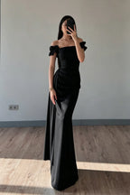 Cocoslly Off-The-Shoulder Sleeveless High Waist Long Mermaid Prom Dress | Baby Blue Satin ZT0711