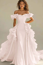 Off the Shoulder Sleeveless Long Mermaid Prom Dress With Ruffles JQ0149