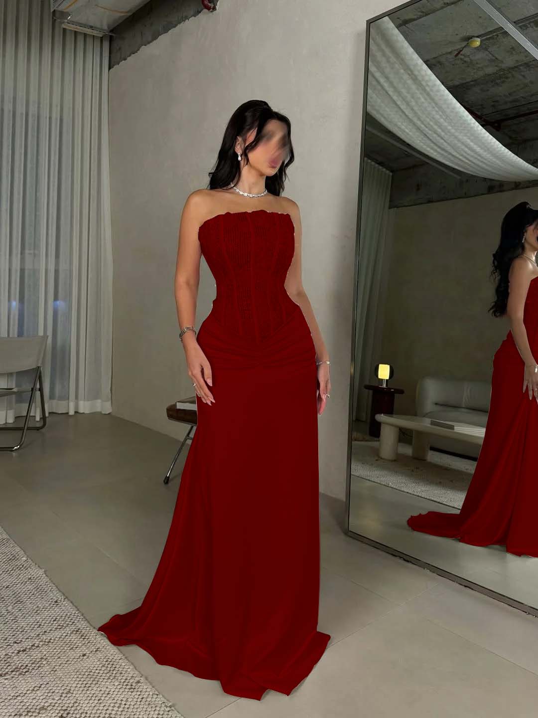 Satin Strapless Sleeveless Long Pleated Mermaid Prom Dress With Flowers And Sequins YK0636