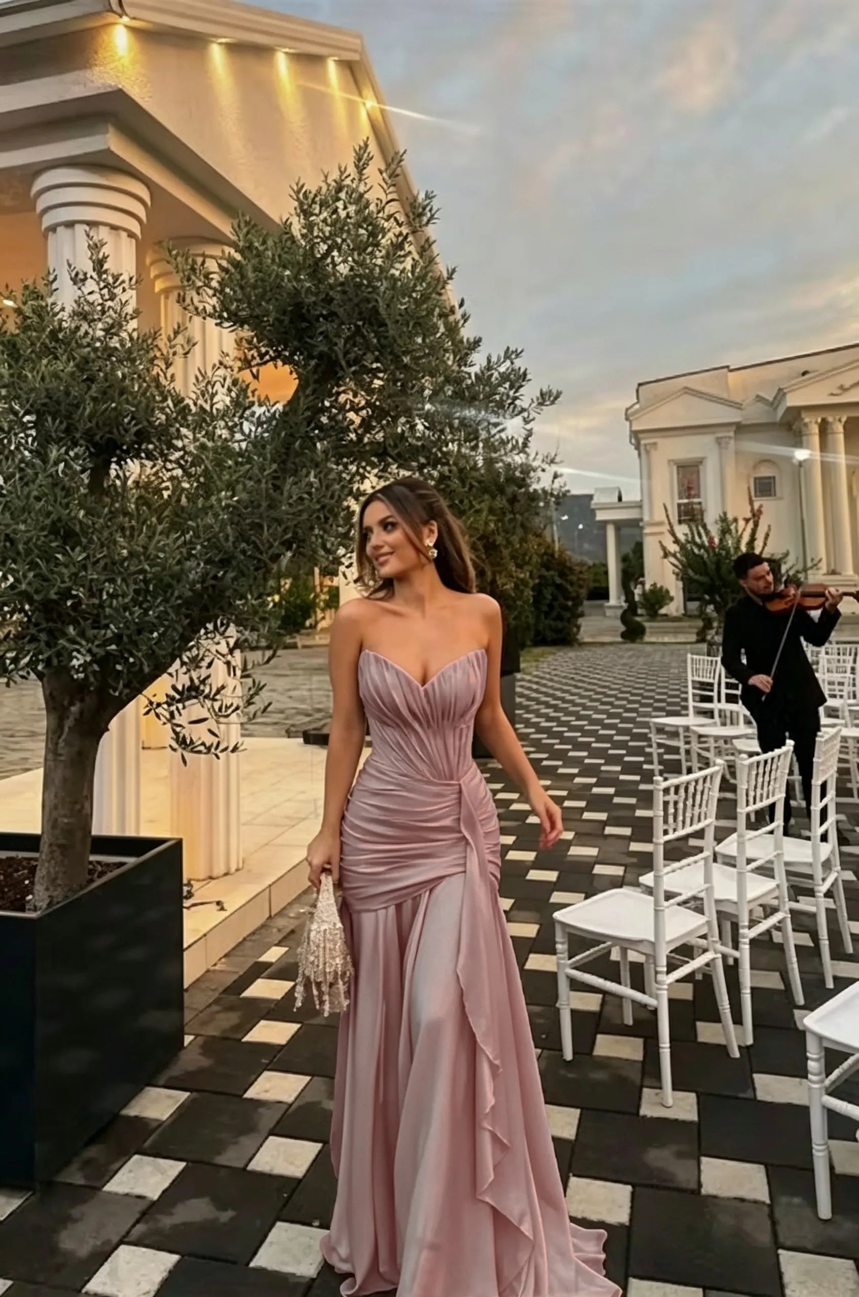 Cocoslly Strapless Sleeveless High Waist Long Prom Dress With Ruffles And Pleated | Dusty Sage Chiffon LR0540