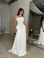 Satin Strapless Sleeveless Long Pleated Mermaid Prom Dress With Flowers And Sequins YK0636