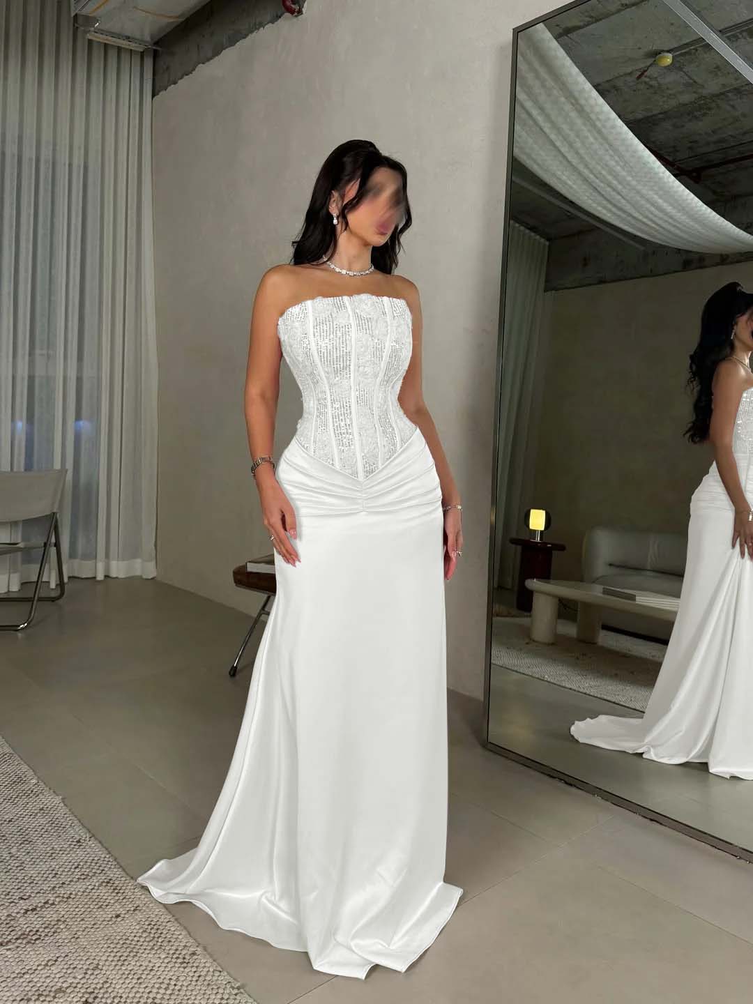 Satin Strapless Sleeveless Long Pleated Mermaid Prom Dress With Flowers And Sequins YK0636