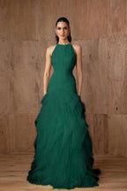 Cocoslly Halter Sleeveless High Waist Long Prom Dress With Ruffles | Daffodil Tulle YC0478
