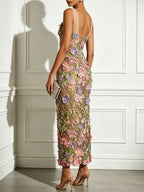 Pink 3D Floral Lace Applique V Neck Sleeveless Sheath Maxi Dress