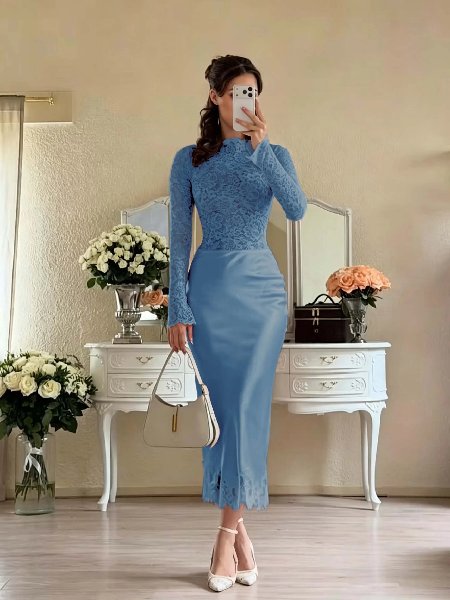 Cocoslly Long Sleeves High Waist Long Mermaid Prom Dress | White Lace And Satin JZ0165