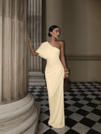 Cocoslly One Shoulder Sleeveless High Waist Long Mermaid Prom Dress With Pleated | White Satin YK1192