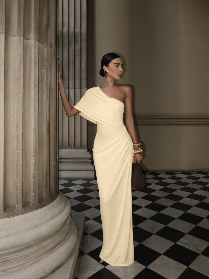 Cocoslly One Shoulder Sleeveless High Waist Long Mermaid Prom Dress With Pleated | White Satin YK1192