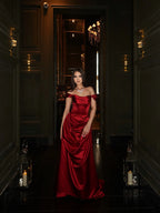 Cocoslly Off-The-Shoulder Sleeveless High Waist Long Prom Dress With Pleated | Burgundy Satin CO0165