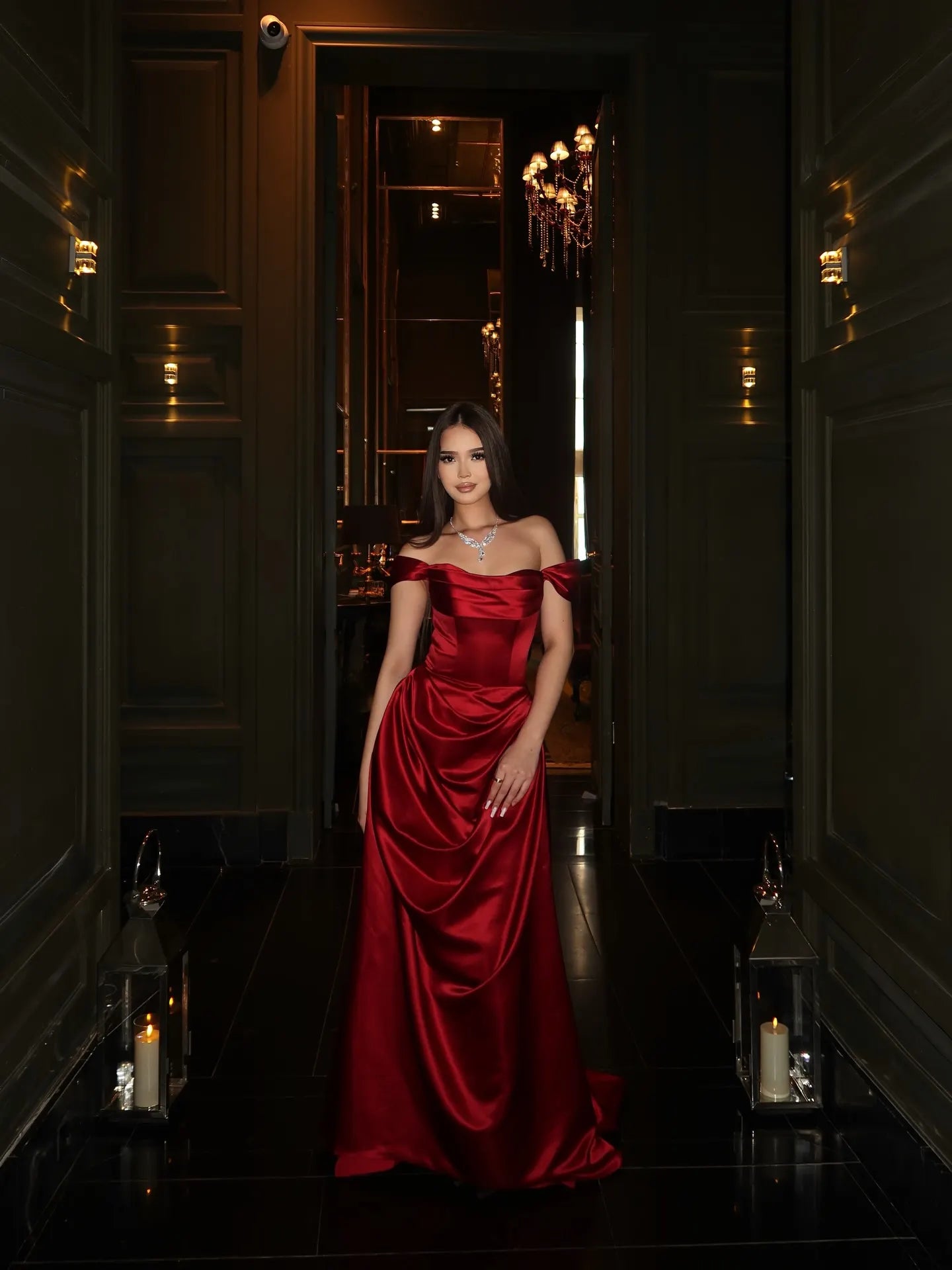 Cocoslly Off-The-Shoulder Sleeveless High Waist Long Prom Dress With Pleated | Burgundy Satin CO0165