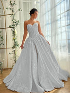 Satin V-Neck Strapless Sleeveless Long A-Line Prom Dress With Split And Pleated YK0614