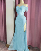 Off the Shoulder Sleeveless Long Split Prom Dress With Beading YK0161