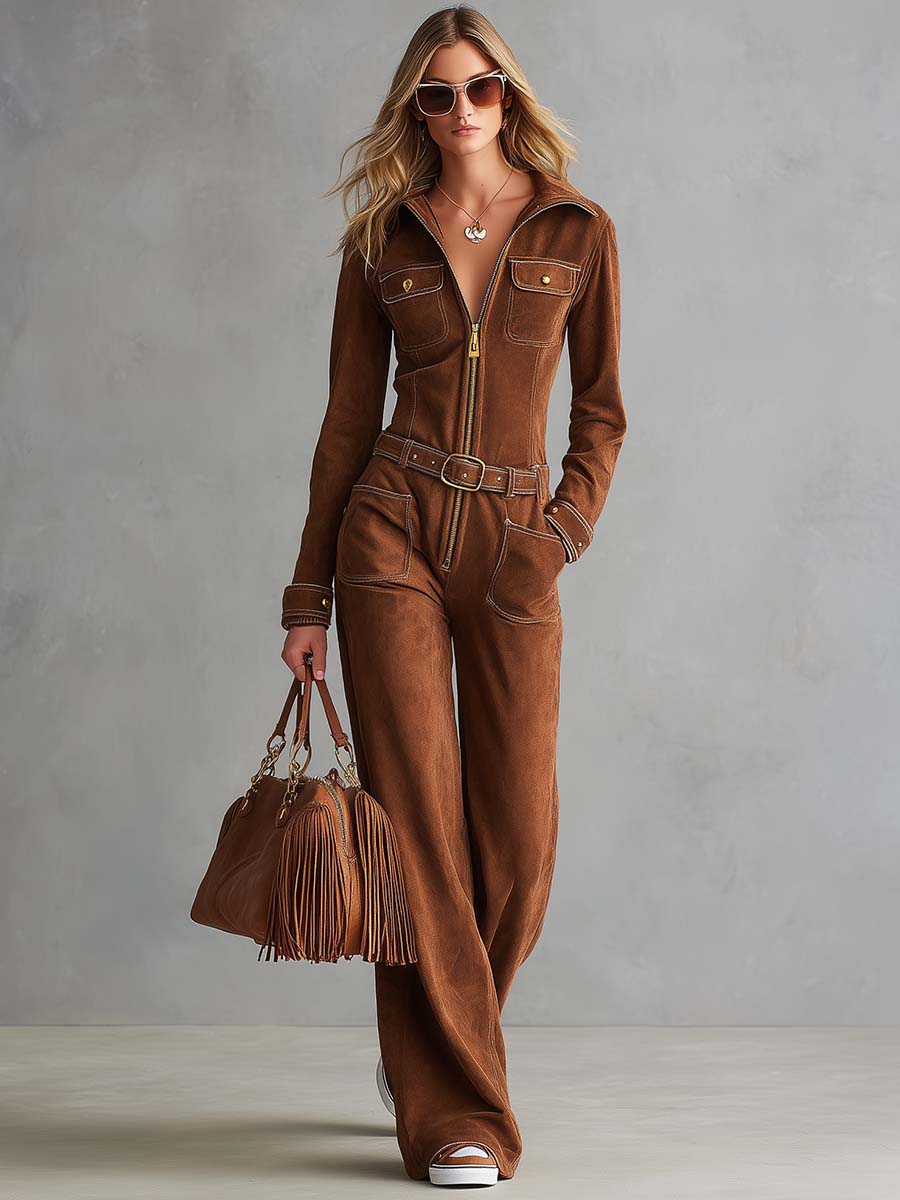 Retro Western Tan Faux-Suede Collared Zip-Front Wide-Leg Jumpsuit