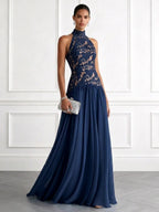 Purplish Blue Lace Lace Halter Neck Sleeveless A-Line Floor Length Dress