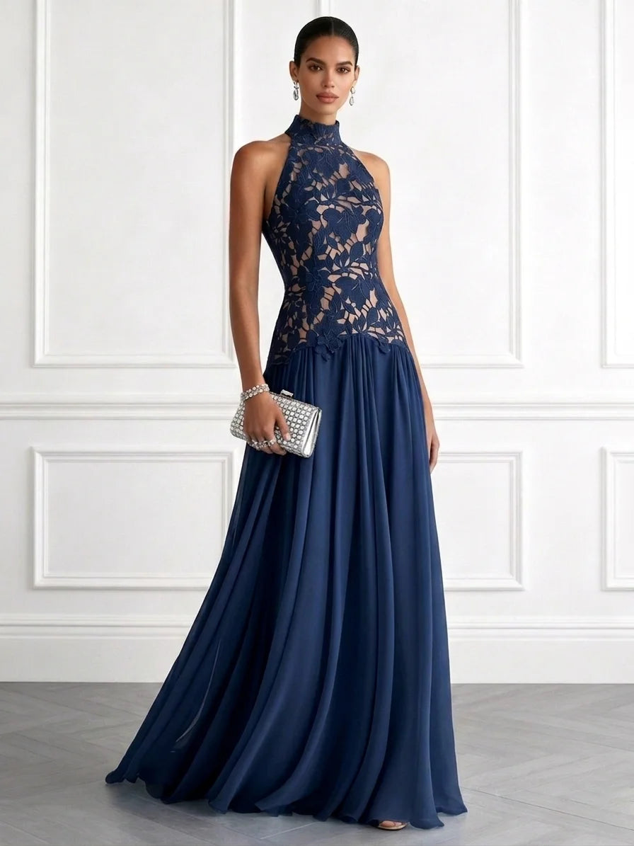 Purplish Blue Lace Lace Halter Neck Sleeveless A-Line Floor Length Dress