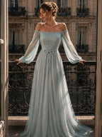 Cocoslly Off-The-Shoulder Long Sleeves High Waist Long Prom Dress With Sequins | Mist Mint Green Tulle LX0086