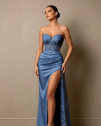 Cocoslly Spaghetti Straps Sleeveless High Waist Long Prom Dress With Split And Beading Pearls | Dark Green Satin LX0098