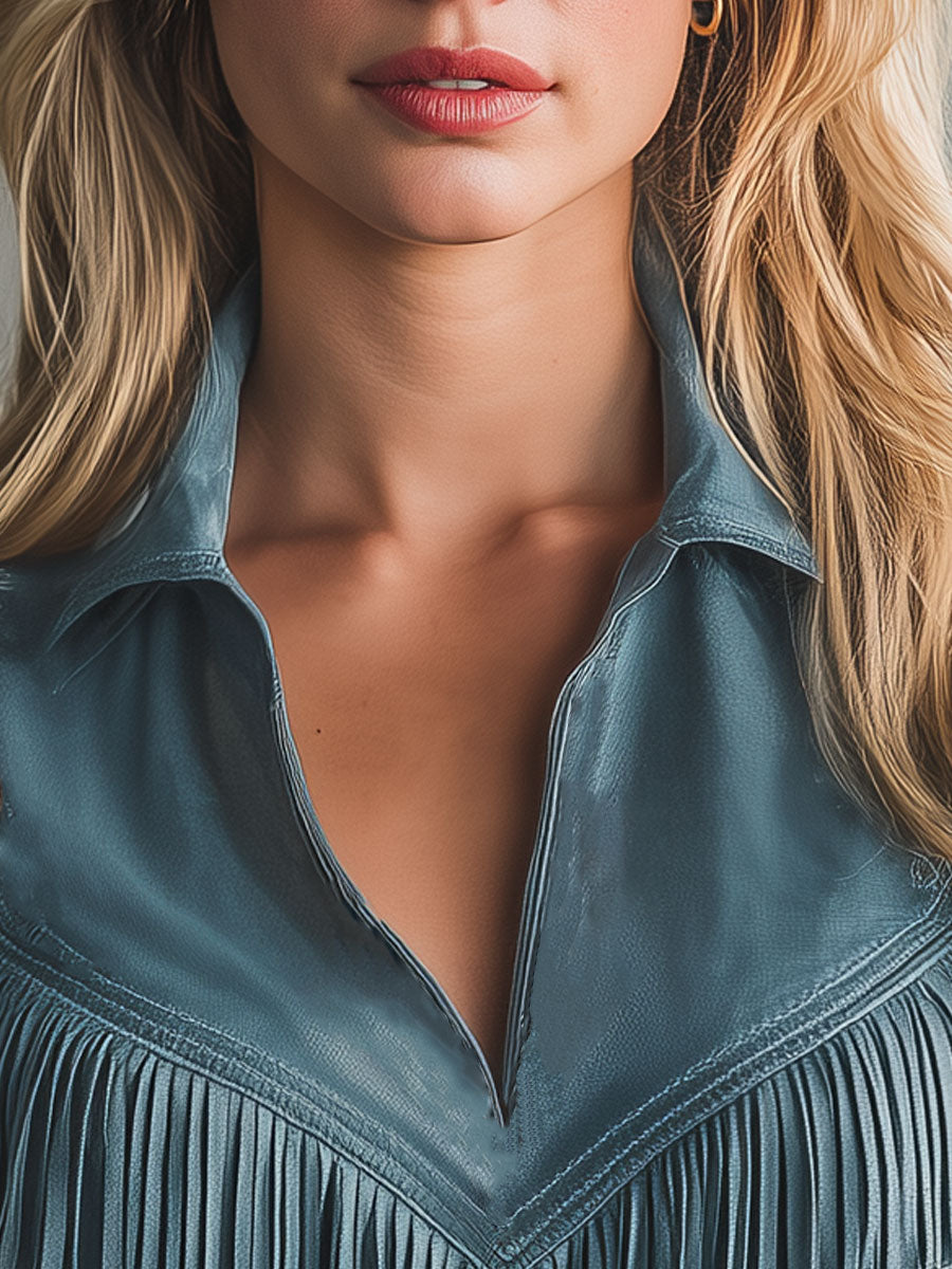 Western Retro Blue Tassel Long-Sleeved Faux Suede Shirt