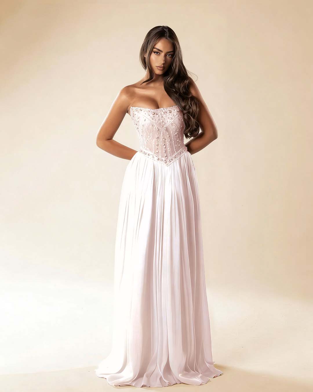 Strapless Sleeveless Long Pleated A-Line Prom Dress With Beadings And Rhinstone YK0781