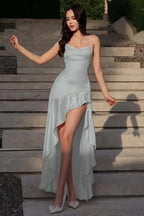 Cocosll Spaghetti Straps Sleeveless High Waist Long Prom Dress With Ruffles | Blushing Pink Satin YC0564