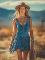 Western-inspired Bohemian Retro Sleeveless Fringed Faux Suede Mini Dress