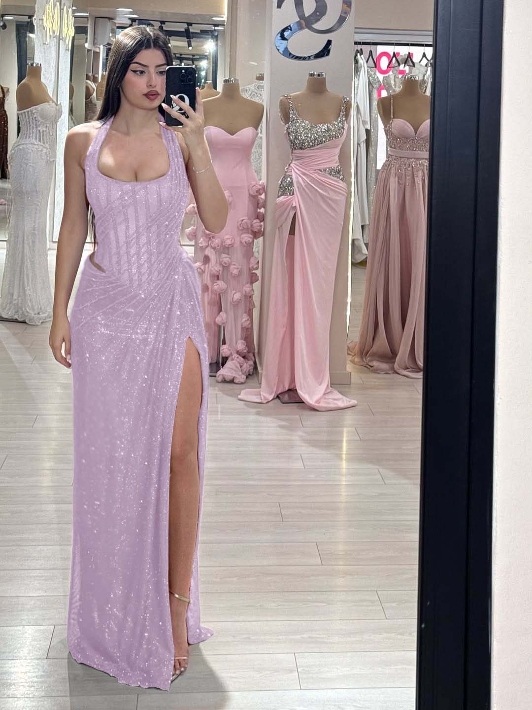 Sequins Halter Sleeveless Long Mermaid Prom Dress With Split YK0358