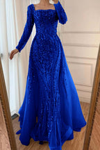 Square Neck Long Sleeves Long Mermaid Prom Dress With Beading Tulle WQ0442