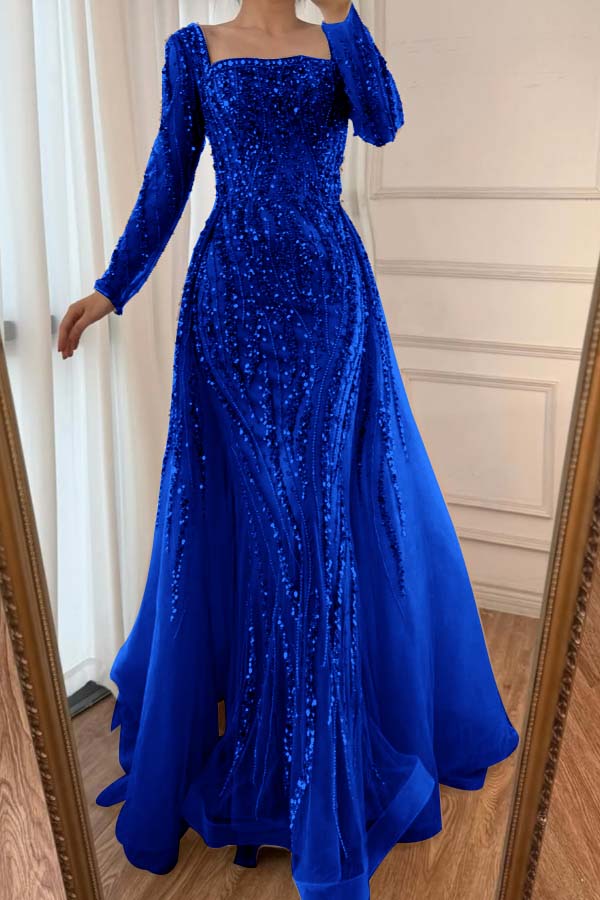 Square Neck Long Sleeves Long Mermaid Prom Dress With Beading Tulle WQ0442