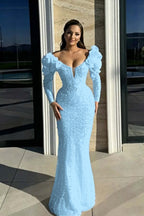 Cocoslly Strapless Long Sleeves High Waist Long Mermaid Prom Dress With Rhinstone And Flowers | Red Sequins WQ0744