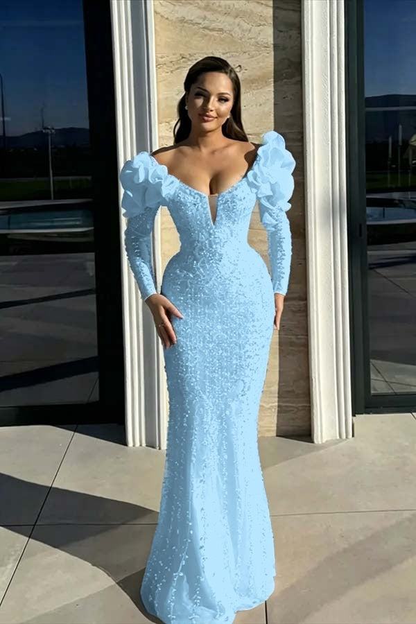 Cocoslly Strapless Long Sleeves High Waist Long Mermaid Prom Dress With Rhinstone And Flowers | Red Sequins WQ0744