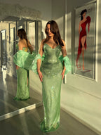 Cocoslly Strapless Sleeveless High Waist Long Mermaid Prom Dress With Rhinstone |  Green Sequins CO0107